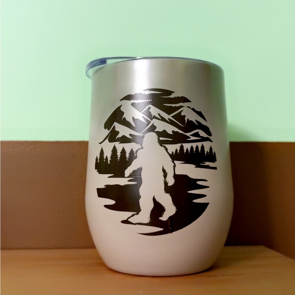 Stainless Steel Tumbler with Bigfoot Design - Silver and Black